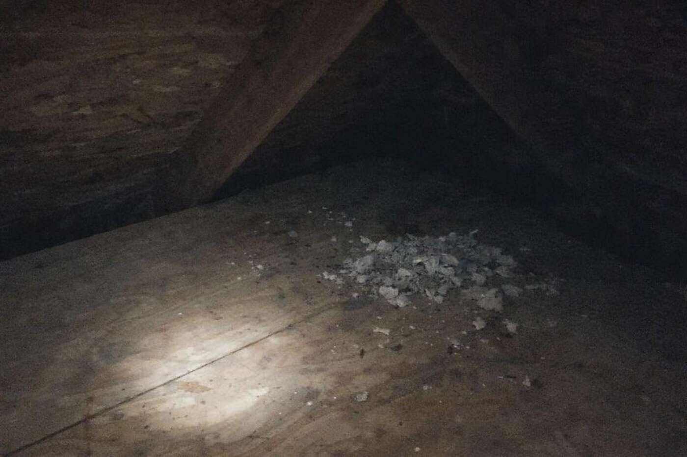 A dim attic corner with debris on the decking