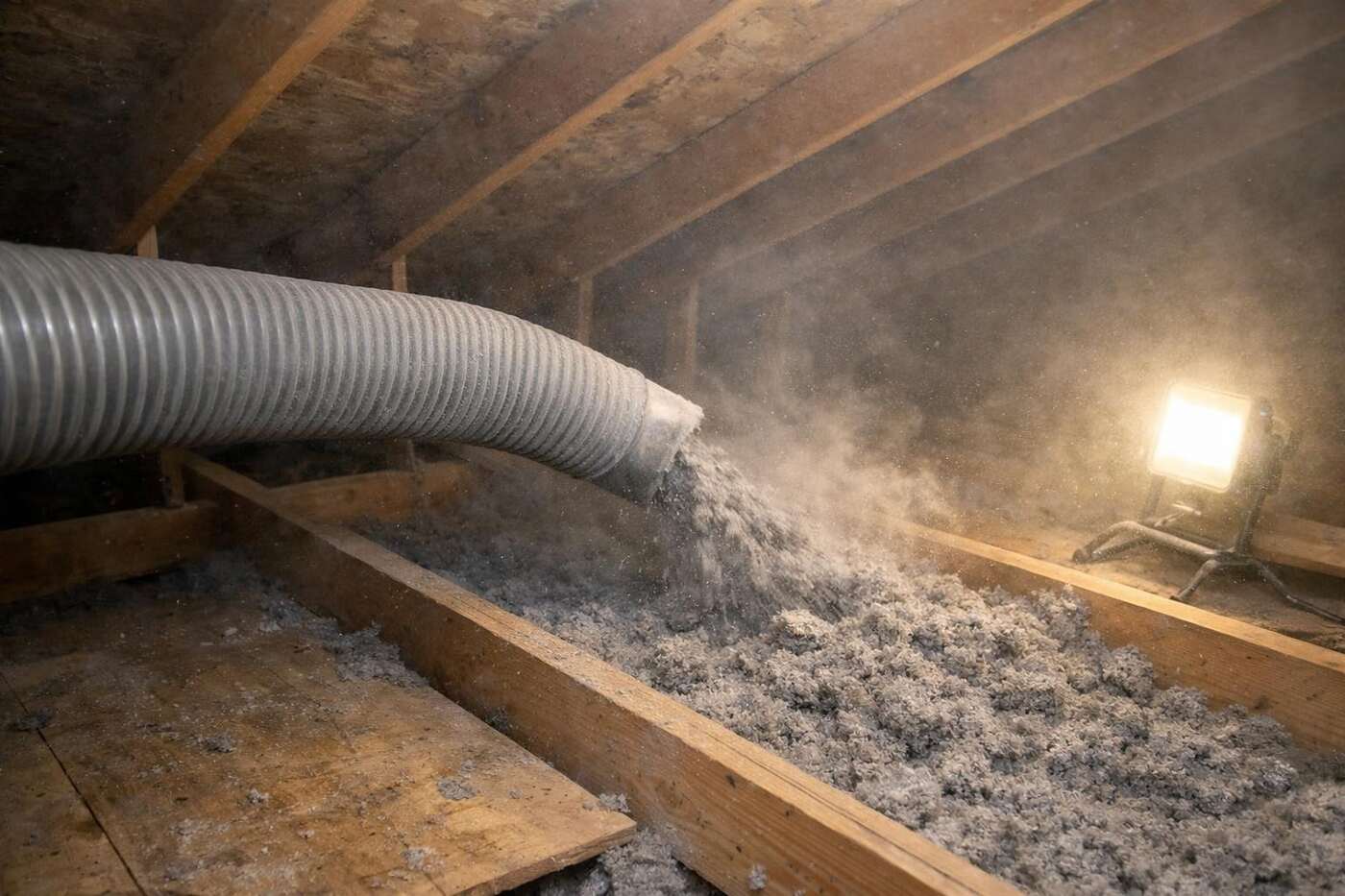 A hose discharging loose insulation into a joist bay