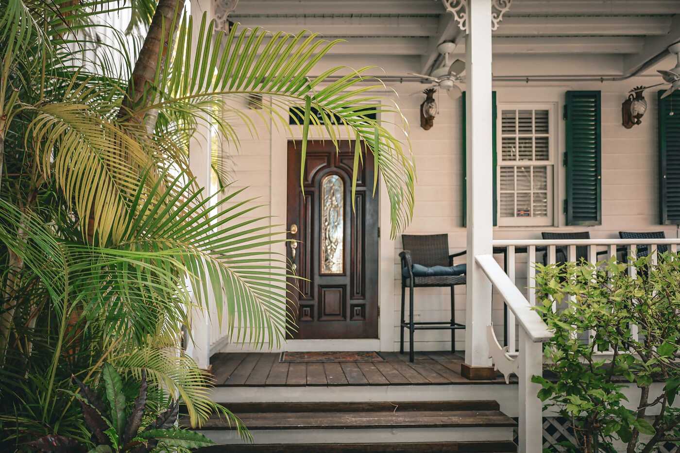 A house entrance with a wooden door and tropical plants