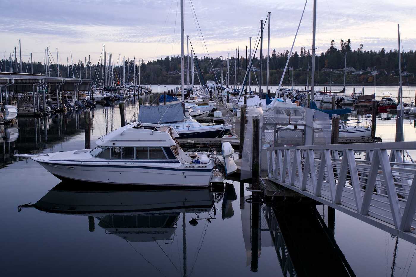 Boats moored in a marina at dusk